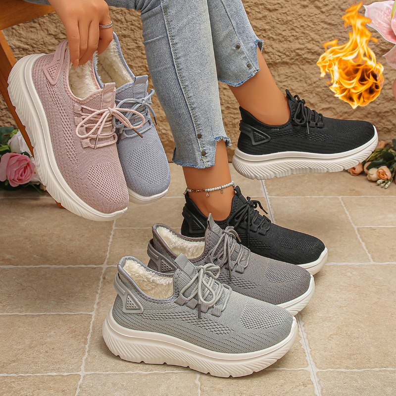 Knit Fabric Lace Up Sneakers - 2027 Women's Outdoor Walking Sneakers Breathable